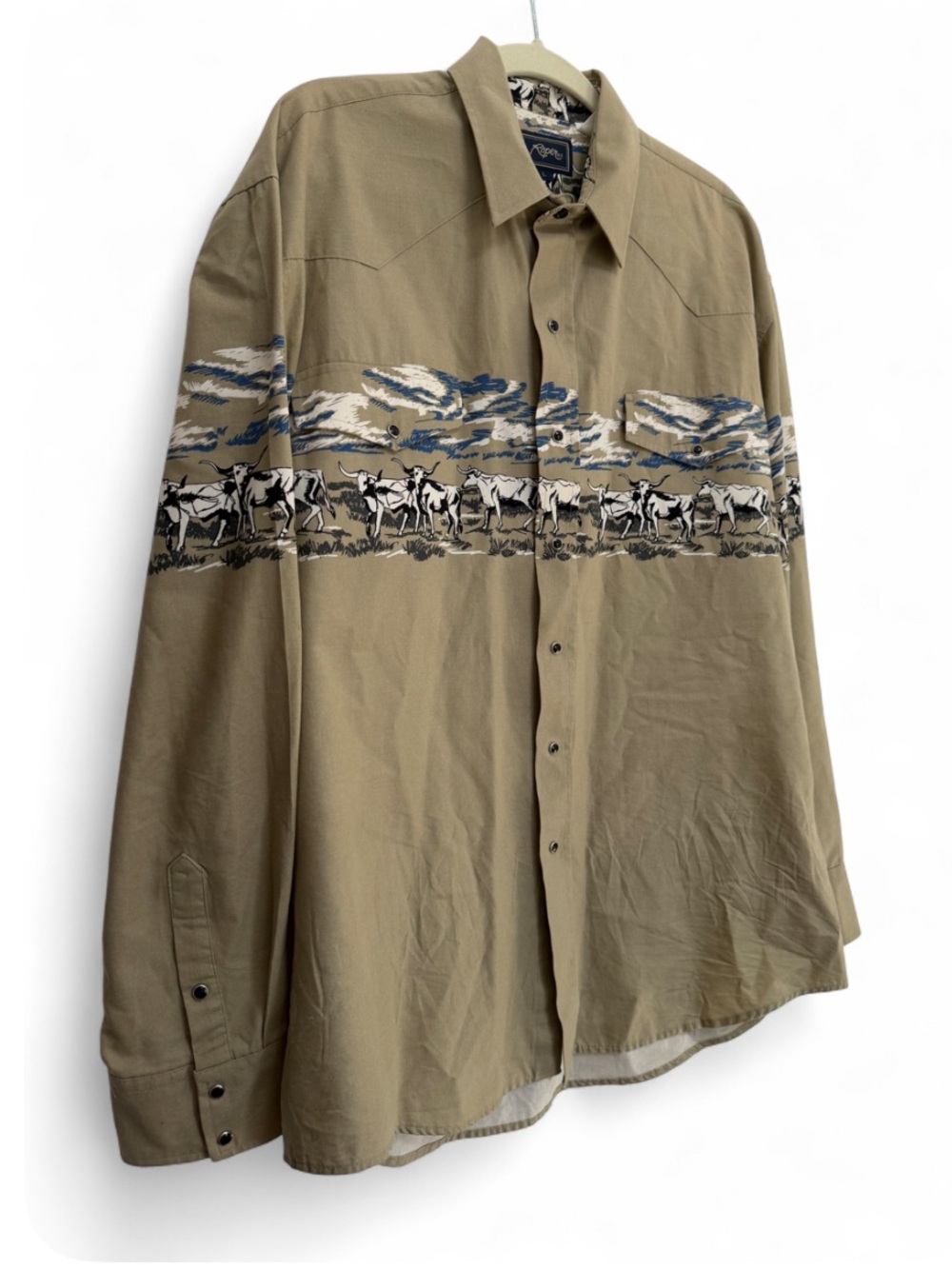 Vintage Roper 100% Cotton Wrap Around Print Snap Western Shirt Bulls